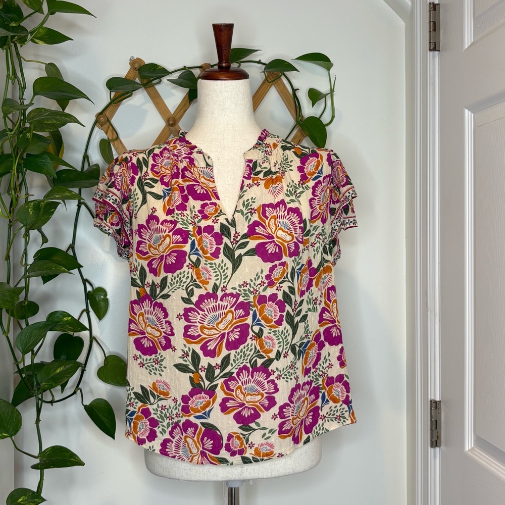 ☀️ NICOLE MILLER ARTELIER Floral Ruffle Sleeve Blouse